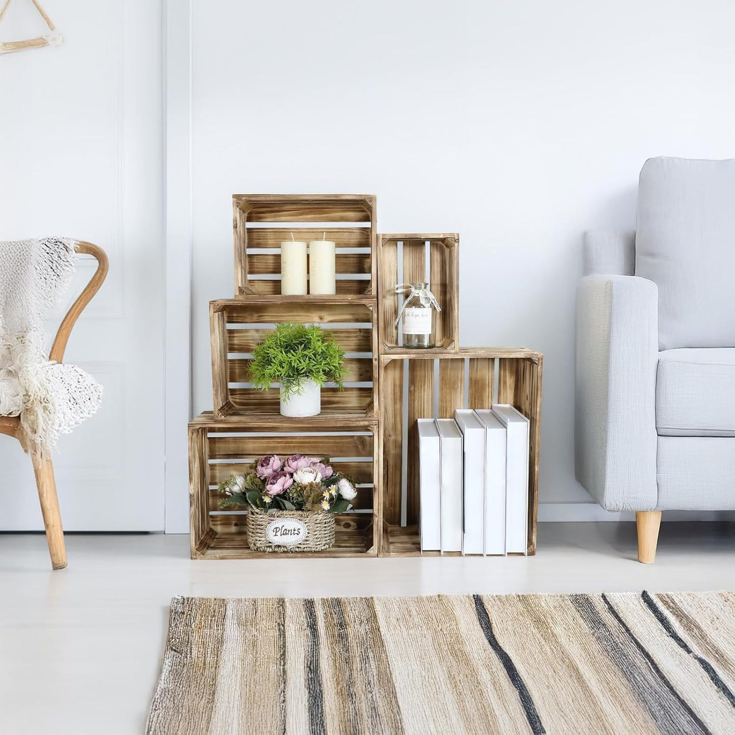 Set of 5 Large Wooden Crates, Nesting Storage Crate with Handles, Rustic Torched Brown Farmhouse Wooden Crates for Display, Wedding Birthday Home Party Living Room Kitchen Decoration-VerdiqueGarden