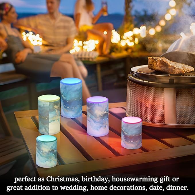 Flickering Flameless Candles, Marble Navy Blue LED Candles with Remote Timer, Set of 2 Battery Operated Candle for Valentine Wedding Birthday-VerdiqueGarden
