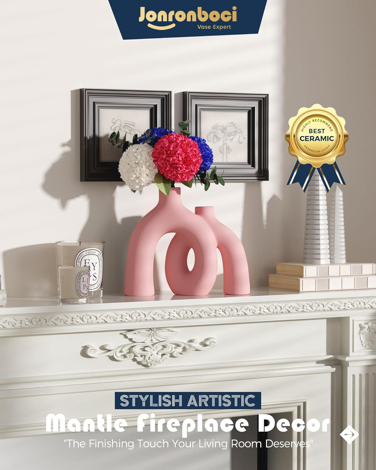 Hug Donut Decorative Vase Set - Light Pink Modern Glam Eclectic Style Vases Home Decor, Matte Ceramic Decorations for Living Room Shelf, Bookshelf Mantle Entryway Table or Console Décor(Pink)-VerdiqueGarden