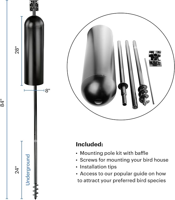 WHITEHORSE Bird House Pole with Baffle- A Professional Squirrel Proof Bird Feeder Pole - Very Sturdy Against Strong Winds - Bird House Poles for Outdoors - Pole for Bird Feeders - Bluebird House Pole-VerdiqueGarden