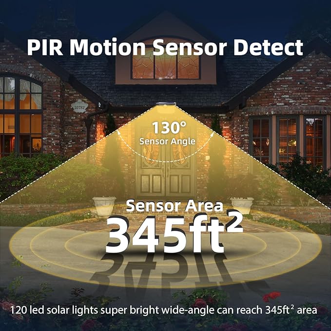 HMCITY 120 LED Outdoor Solar Lights- with Motion Sensor and 3 Lighting Modes, IP65 Waterproof Wide Solar Wall Lights Ideal for Garden Patio Yard (Front Button 4Packs, Warm White)-VerdiqueGarden