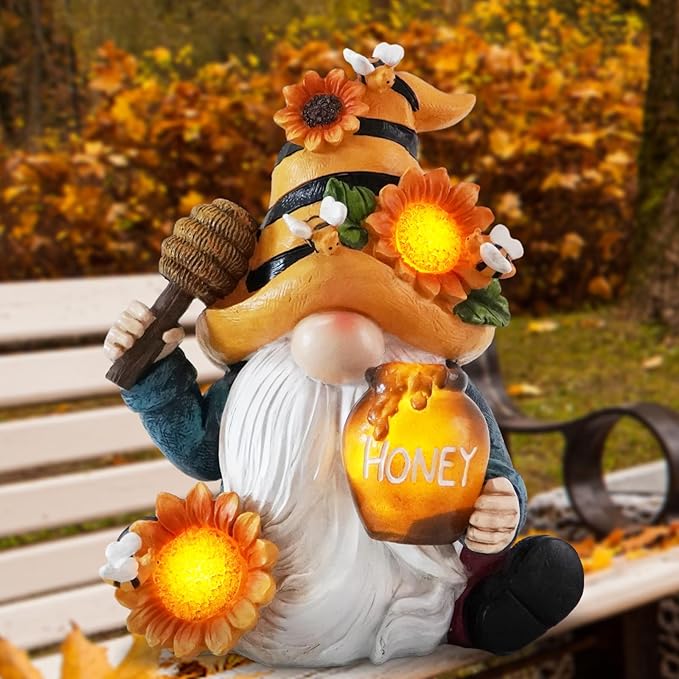Hodao Spring Resin Garden Bumble Bee Themed Gnome Decorations-Solar-Powered Radiance-Honey Gnomes World Day Gifts Summer Lawn Garden Porch Sculptures & Statues Decorations-VerdiqueGarden