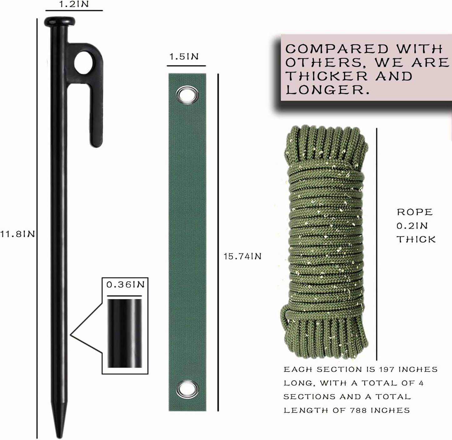 Tree Stake Kits, Tree Stakes and Supports Kits for Hurricane Protection & Bad Weather, Include 4 PCS 11.8" Heavy Duty Steel Tree Stakes, 4 PCS 15.8" Tree Straps and 4PCS 16.4FT Rope-VerdiqueGarden