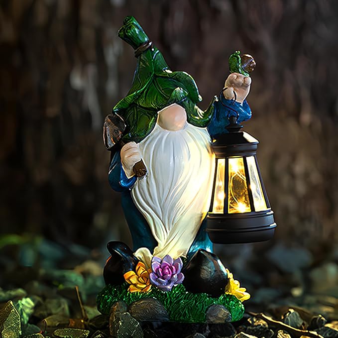 Garden Gnome Solar Figurine Lights - Solar Powered Lighting Outdoor Decorations with Lantern & Shovel, Yard Art Lawn Ornaments for Porch Patio Balcony - Gnome Gifts for Women Mom-VerdiqueGarden