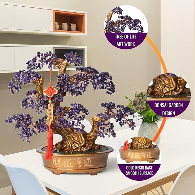 Natural Amethyst Gemstone Crystal Bonsai Tree of Life (1,350 Gemstone Count) Large Feng Shui Money Chakra Tree for Luck and Wealth Desk Decoration 20 Inches-VerdiqueGarden