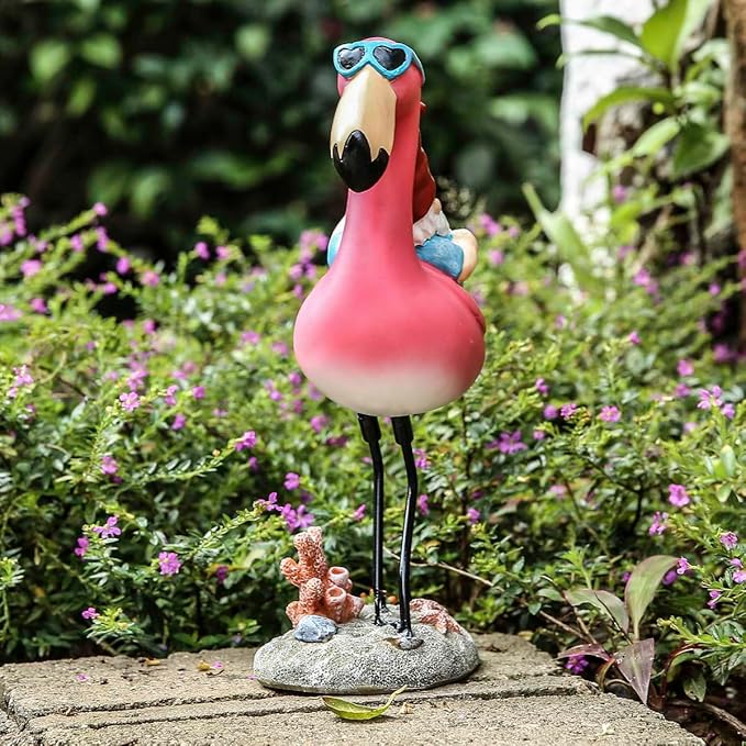 Gnome Garden Statue Funny Gnome Reclining on Flamingo Dwarf Figurines Resin Garden Gnomes Fall Decorations Outdoor for Patio Yard Lawn Porch Housewarming Ornament Gift-VerdiqueGarden