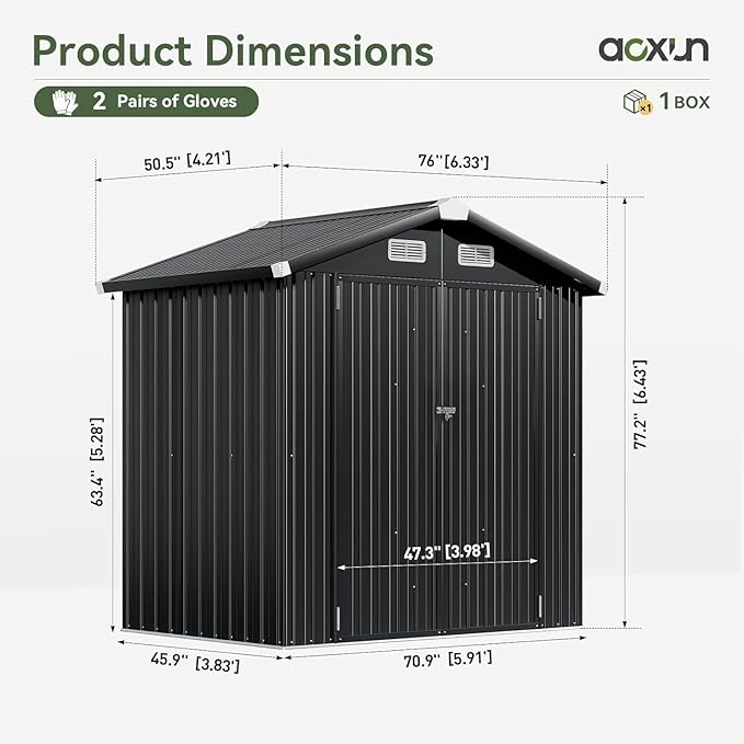 Aoxun 6.2x4 FT Shed Outdoor Galvanized Storage Shed with Large Lockable Doors for Lawn, Backyard, Patio (Black)-VerdiqueGarden