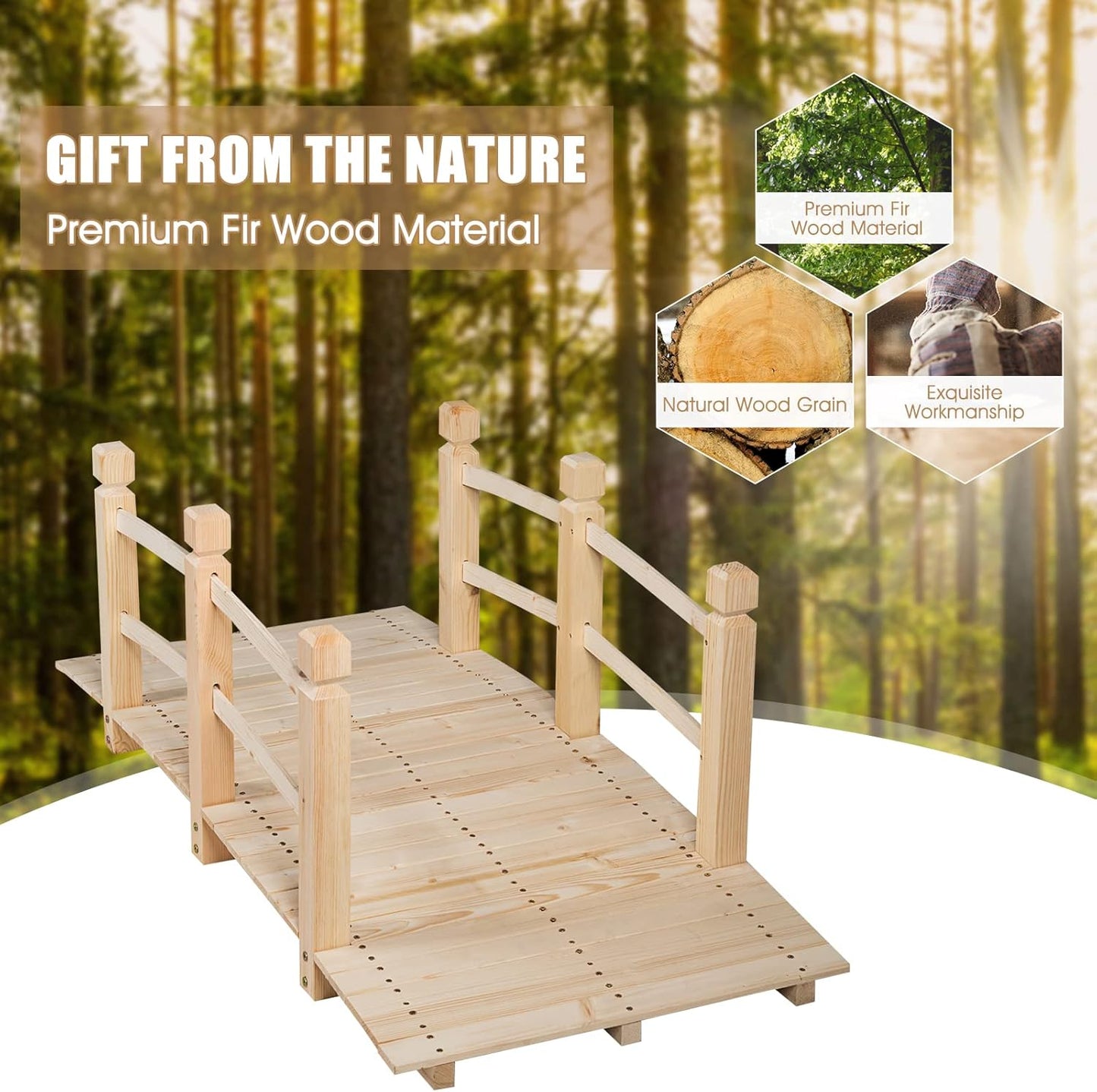 Giantex 5 FT Wooden Garden Bridge, Classic Wood Arc Footbridge with Railings, 400 lbs Capacity, Decorative Pond Bridge for Outdoor Garden Yard Backyard Creek Farm (Natural)-VerdiqueGarden