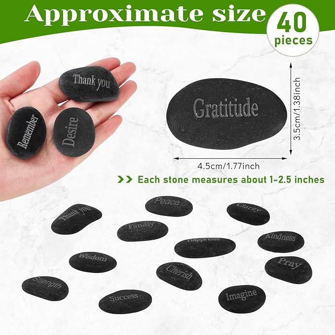 Fabbay Engraved Inspirational Stones Encouragement Motivational Rocks with Words Garden Positive Gift for Christmas Thanksgiving(Black,40 Pcs)-VerdiqueGarden