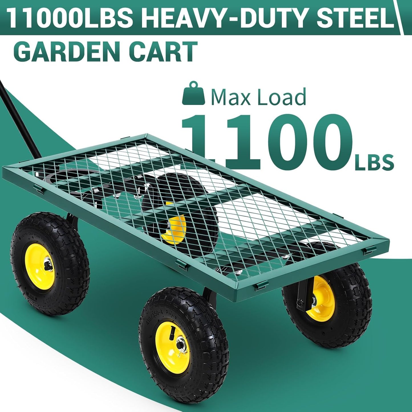 Heavy Duty Steel Garden Cart, 1100LBS Pullable Metal Garden Wagon with 10" Wheels, 180° Rotating Handle and Removable Sides for Outdoor, Farm, Yard, Beach -VerdiqueGarden