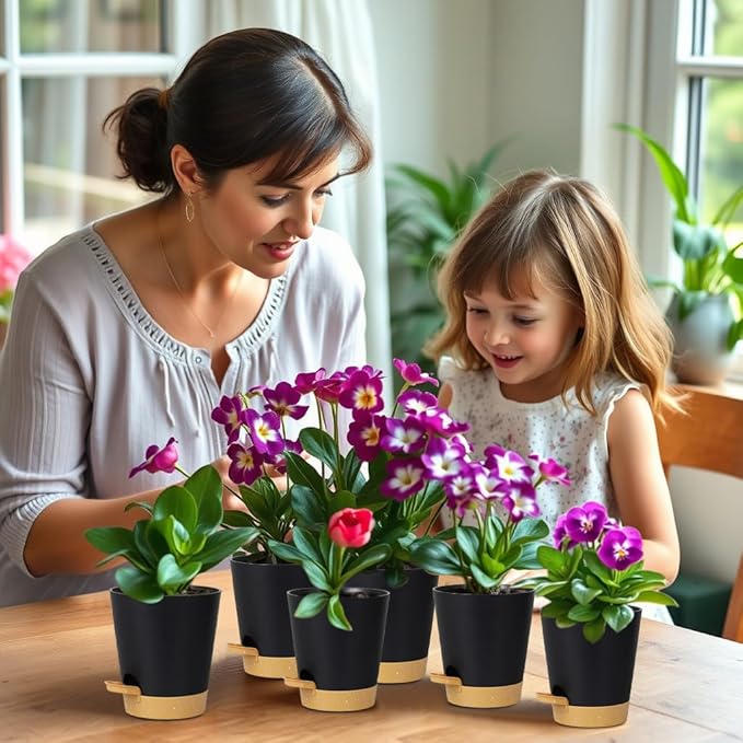 12 Pack 4 Inch Self Watering Plant Pots with Drainage and Saucers,Plastic Flower Pots for Indoor and Outdoor Plants, Nursery Planters for Houseplants and Herbs Black Brown, 4 inch 12pcs-VerdiqueGarden