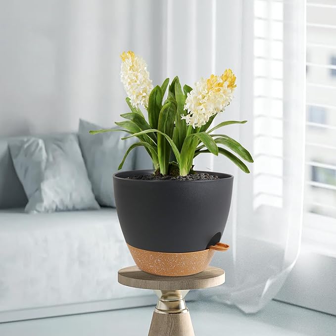 12 inch Large Self Watering Pots, Plant Pots with Mesh Drainage Holes for Indoor Outdoor Plants, Plastic Planters with Deep Reservoir for Garden House Flower Plants, Black with Brown-VerdiqueGarden