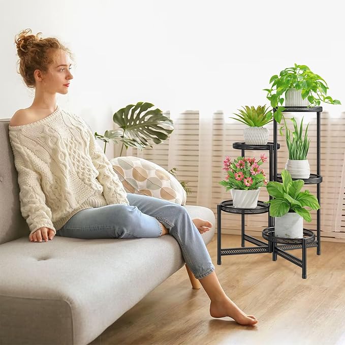 iDavosic.ly 5 Tier Large Plant Stand Indoor with 10-Inch Wide Drainage Tray, Tiered Corner Metal Outdoor Flower Display Holder Shelf, Folding Tall Rack for Patio Porch Balcony, Black Iron Carving-VerdiqueGarden