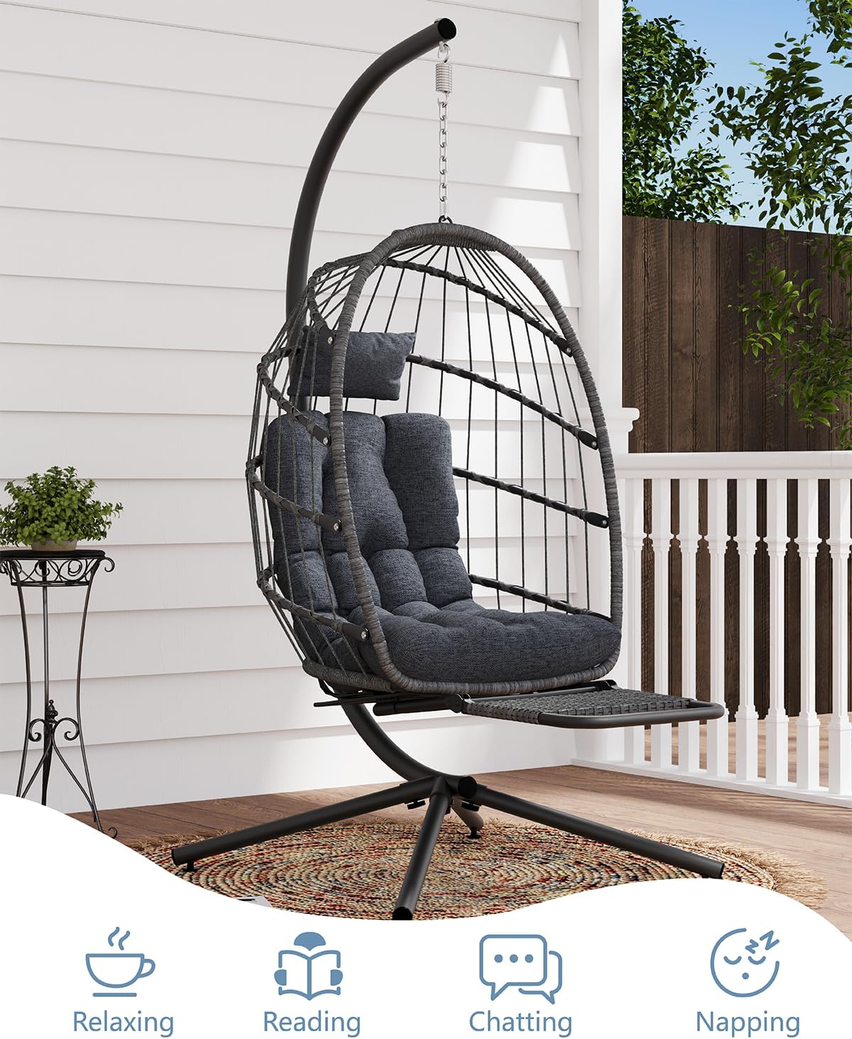 SWITTE Egg Chair Outdoor with Footrest & Stand, Indoor Wicker Hanging Egg Swing Chair with Cushion for Patio, Bedroom, Garden - Dark Gray-VerdiqueGarden
