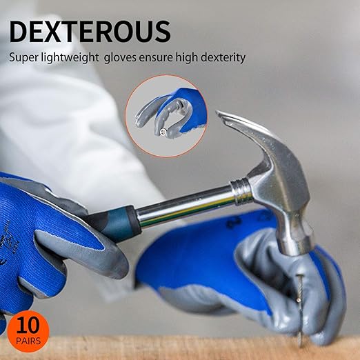 Vgo... 10-Pairs Safety Work Gloves, Gardening Gloves, Non-slip Nitrile coating, Dipping Gloves (Size L, Blue, NT2110)-VerdiqueGarden