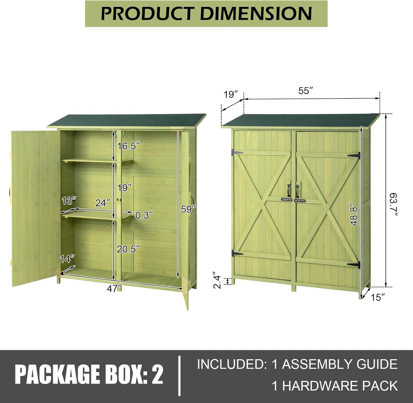 Outvita Outdoor Storage Cabinet with Waterproof Roof, Double Lockable Doors Garden Shed with 2 Removable Shelves, Wooden Storage Shed with Large Storage Space for Yard Garge Patio Deck Porch(Green)-VerdiqueGarden