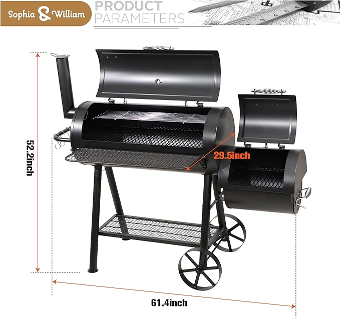 Sophia & William Heavy-Duty Charcoal Outdoor Smoker Grills, Extra Large Offset Smoker (941 SQ.IN. Cooking Area), Charcoal Grill & Smoker Combo for BBQ Patio Cooking-VerdiqueGarden