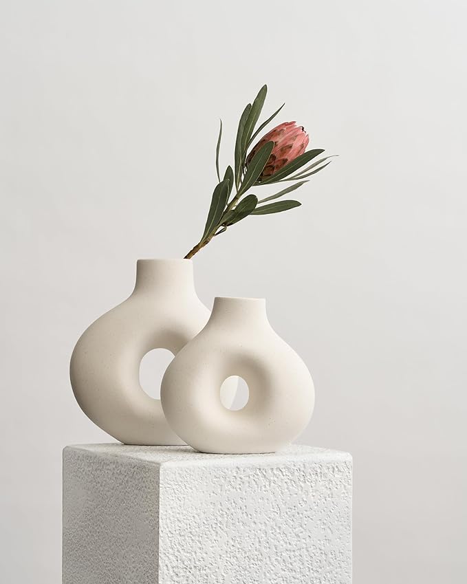 NOBULA White Ceramic Donut Vases โ Modern Home Decor for Living Room, Bedroom & Table Centerpiece - Minimalist Nordic โ Unique Vases for Olive Plant & Flowers โ Decorative Coffee Table Vase Set of 2-VerdiqueGarden