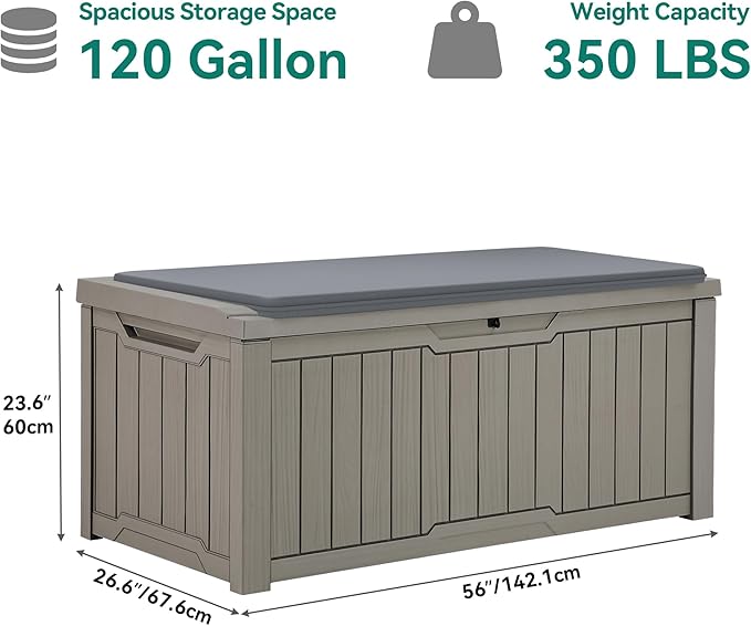 YITAHOME 120 Gallon Outdoor Storage Deck Box with Cushion, Large Resin Patio Storage for Outdoor Pillows, Garden Tools and Pool-Supplies, Waterproof, Lockable (Taupe)-VerdiqueGarden