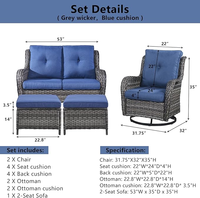 5 Piece Outdoor Patio Furniture Set - Wicker Furniture Patio Conversation Set, Outdoor Swivel Rocker Chairs with Loveseat Sofa and 2 Ottomans for Small Space, Blue Cushion-VerdiqueGarden