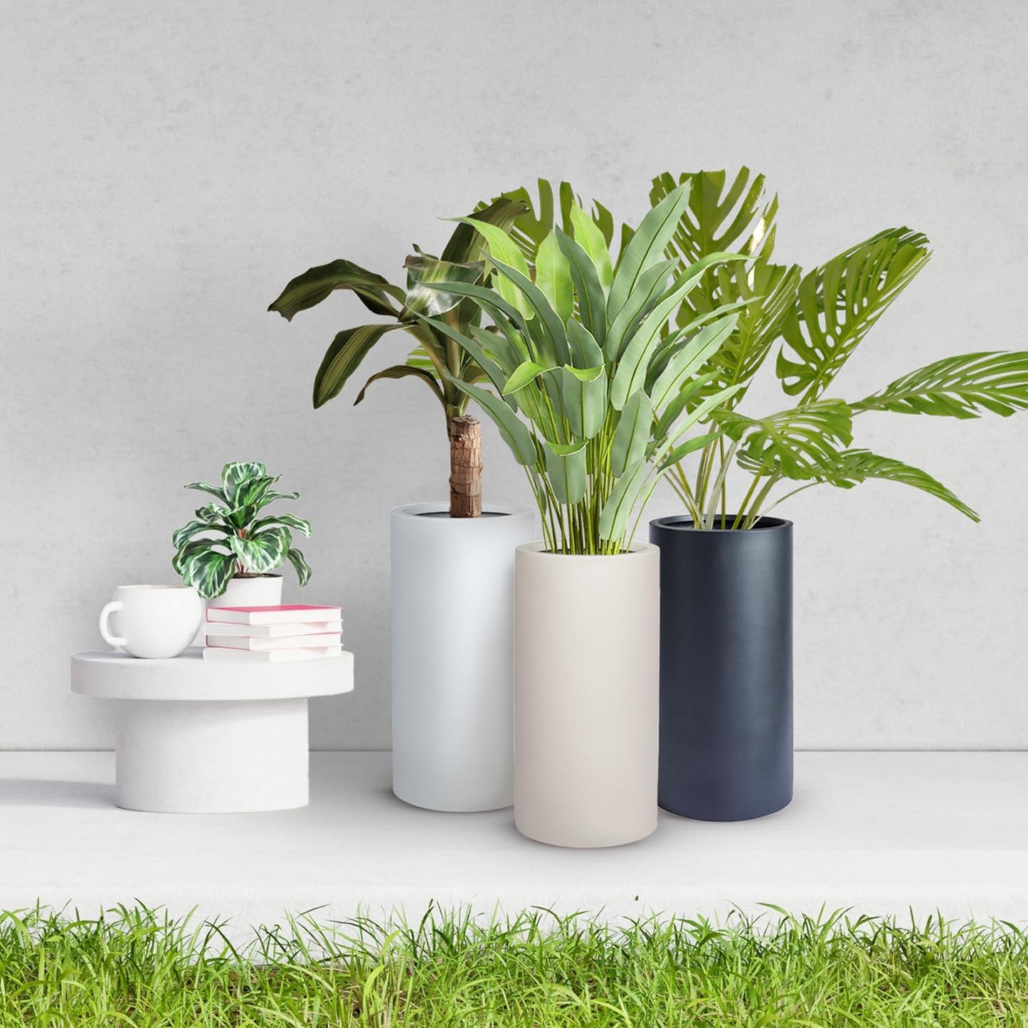 19.5" H x 9.8" D Tubo Fiberstone Cylinder Tall Planter with Drainage Hole, Smooth Finishes, for Indoor and Outdoor Use, Included 2 Extra Coco Mats (Light French Gray, 8.2" Pot Opening)-VerdiqueGarden