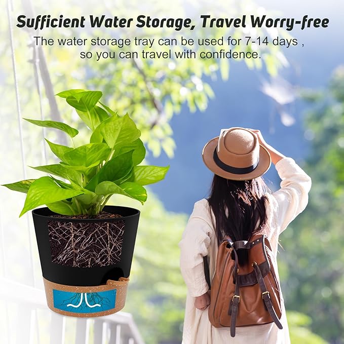 10-Inch Plant Pots, Self-Watering Planters with Drainage Holes & Saucers for Indoor and Outdoor Plants (2-Pack, Black)-VerdiqueGarden