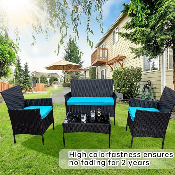 3-Pack Outdoor Patio Furniture Replacement Cushions Set–High-Elastic Sponge Cushions Fit 4-Piece Wicker Rattan Sofa, Loveseat & Chairs, 36x18x2 & 18x18x2, Waterproof, Fade-Resistant (Lake blue)-VerdiqueGarden