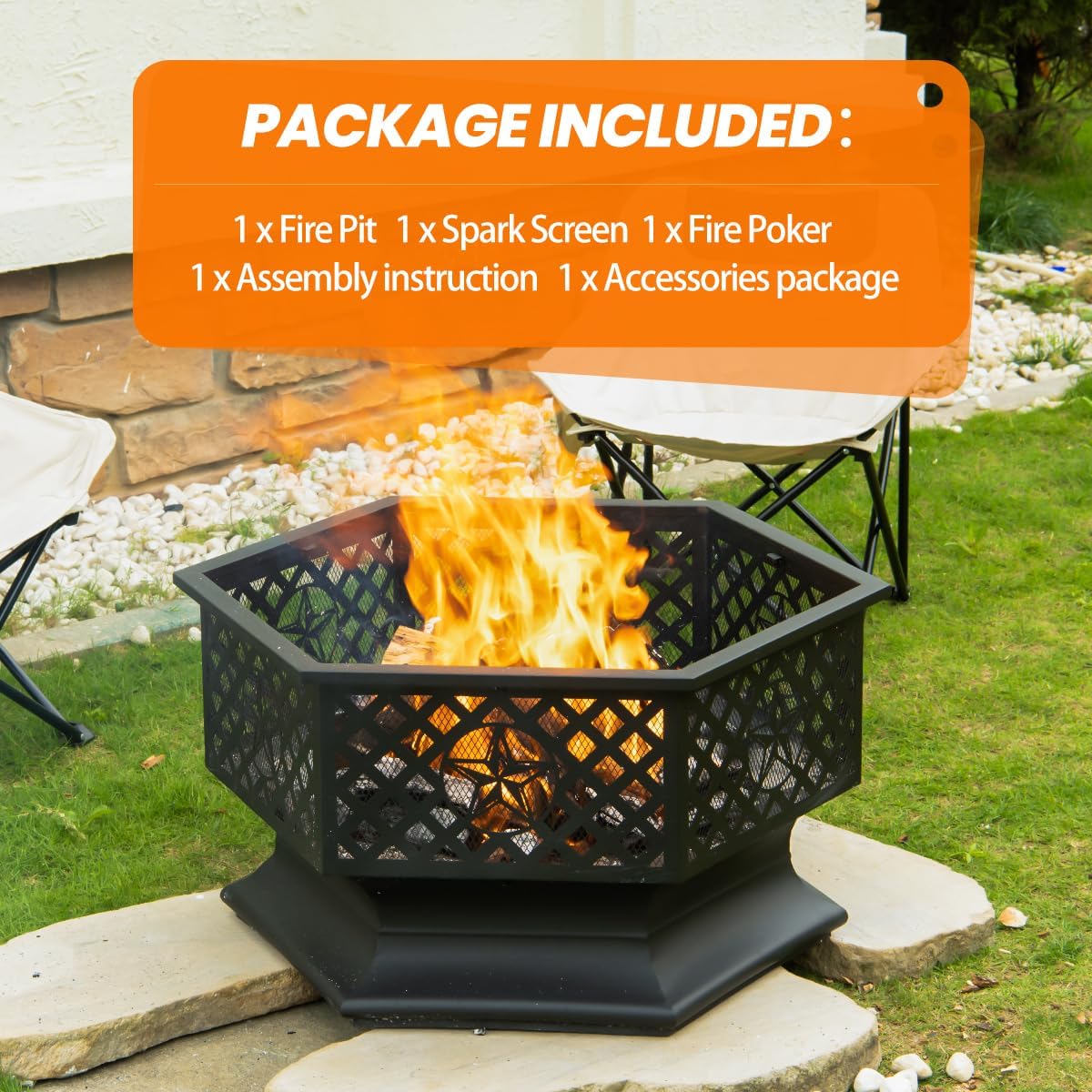 28 Inch Hexagonal Fire Pit,Wood Burning Firepits for Outside with Spark Screen&Poker,Metal Hex-Shaped Outdoor Fire Pit for Outside,Backyard,Bonfire,Patio,Garden,Picnic and Camping(Black)-VerdiqueGarden