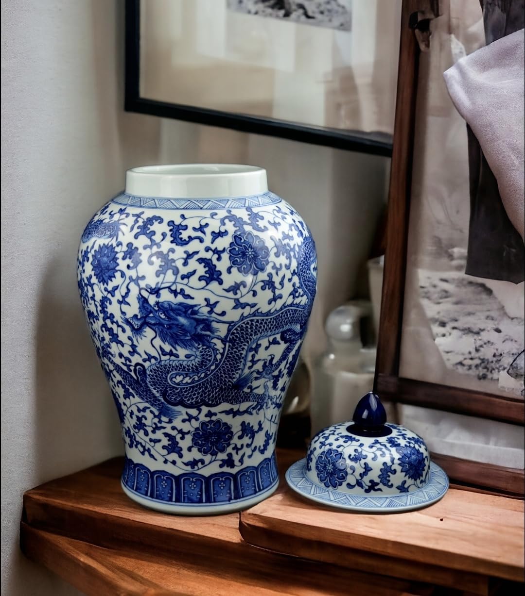 24" Classic Blue and White Dragon Porcelain Ceramic Temple Ginger Jar Vase, Large China Qing Style (Dragon)-VerdiqueGarden