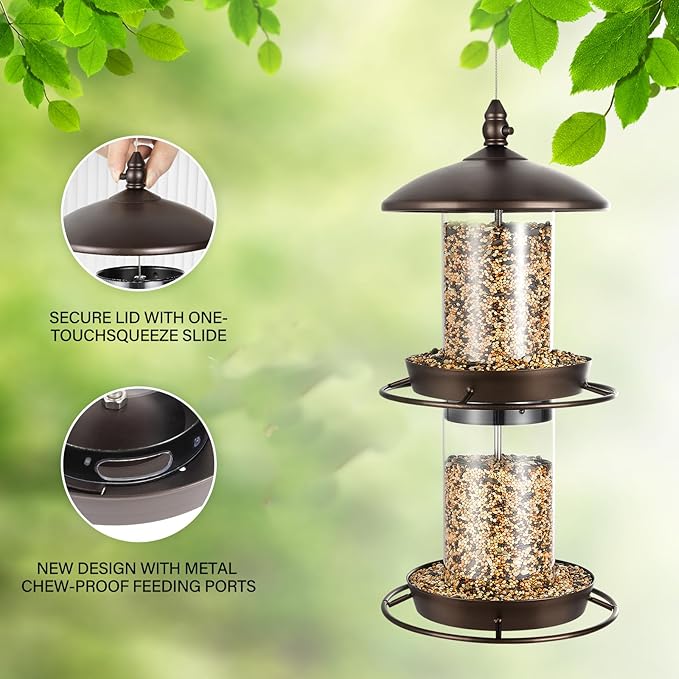 Backyard Expressions 2-Tier Bird Feeder with Sure-Lock Cap and Hanging Hook, Wild Bird Feeders - 4.5 lb Seed Capacity-VerdiqueGarden