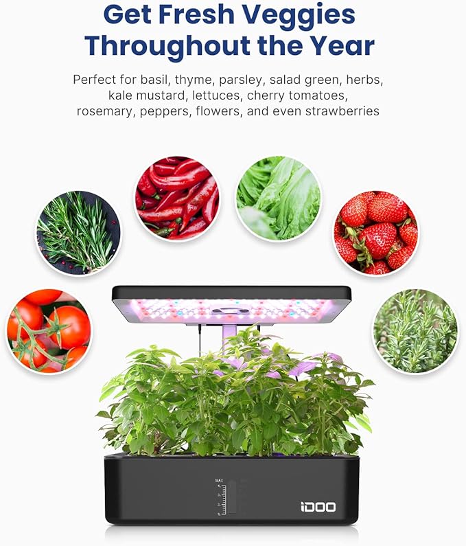 iDOO Hydroponics Growing System Kit 12Pods, Gardening Gifts for Women Mom, Indoor Herb Garden with LED Grow Light, Built-in Fan, Auto-Timer, Adjustable Height Up to 11.3", 12Pods-Black-VerdiqueGarden