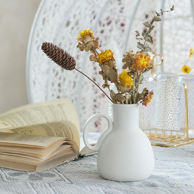 White Ceramic Vase Set - 2 Small Vases with Handle, Pottery Vases for Modern Home Decor, Minimalist Matte Pitcher for Fowers, Decorative Clay Vase Centerpiece Dining Table Decorations-VerdiqueGarden