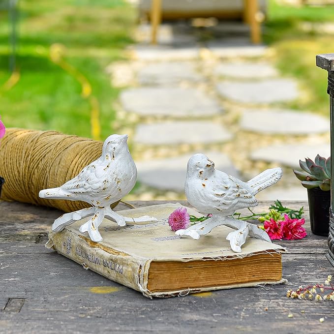 Sungmor Cast Iron Small Bird Statues, Set of 2 Antique White Bird with Branch Collectible Figurines, Farmhouse Home Garden Decorative Bird Sculpture, Realistic Indoor and Outdoor Ornaments-VerdiqueGarden