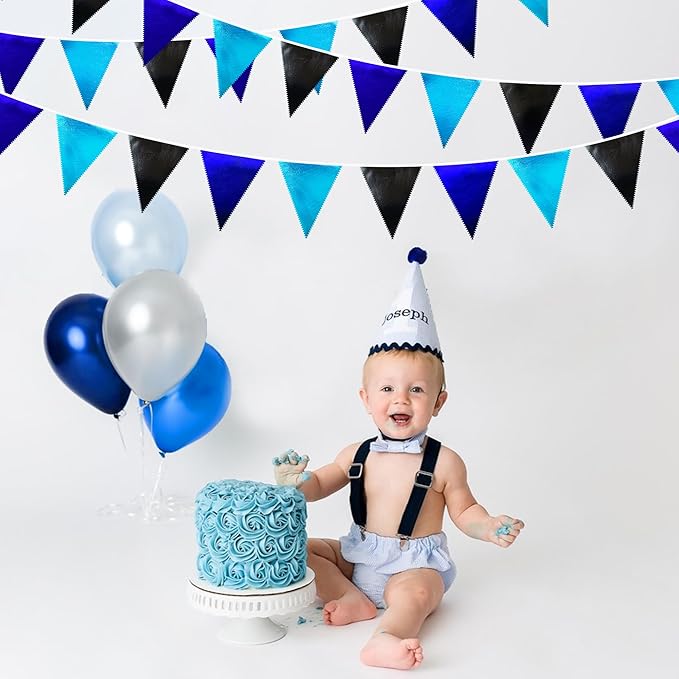 Black Blue Party Decorations Metallic Fabric Triangle Pennant Banner Flag Bunting Garland for Video Game Nautical Birthday Graduations Retirement Wedding Bachelorette Outdoor Holiday Party Supplies-VerdiqueGarden