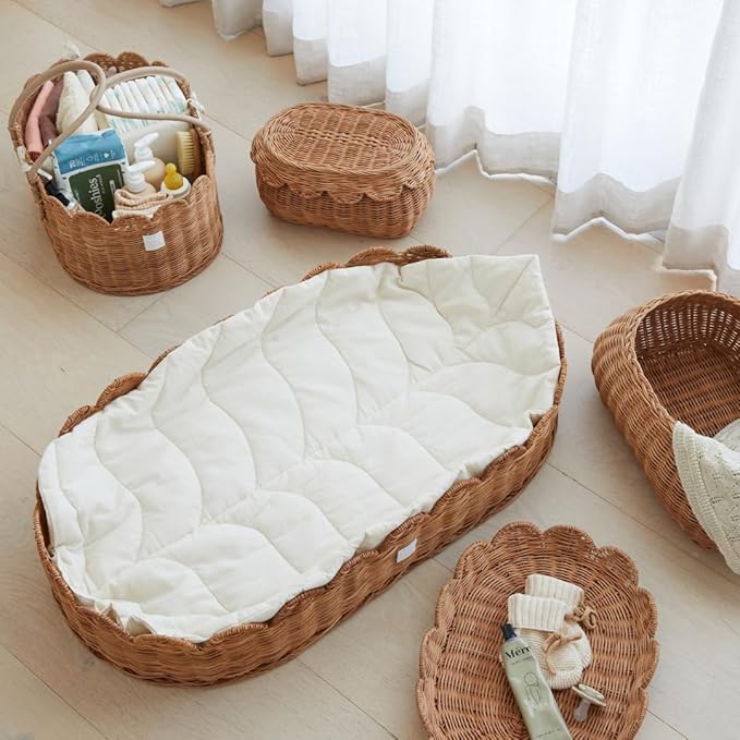 BEBE BASK The Original Scalloped Basket Set Of 2 - Small Scallop Basket - 15 x 10 x 6 In - Hand-Woven & Award-Winning - Elegant Wicker With Scalloped Edge Lid - Nursery Storage - (Mocca)-VerdiqueGarden