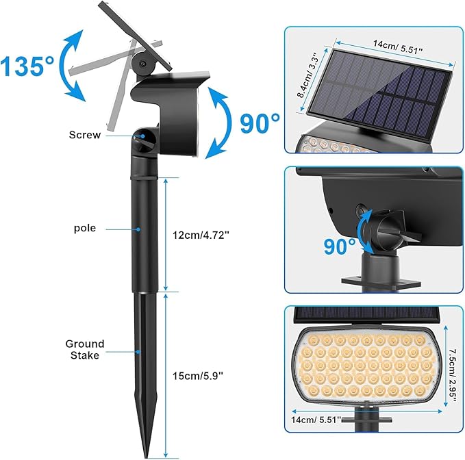 108 LED Solar Spot Lights Outdoor, IP65 Waterproof, 3 Modes Landscape Spotlights, Large Solar Panel Powered Lights for Garden Yard Pathway (Warm White/2 Pack)-VerdiqueGarden