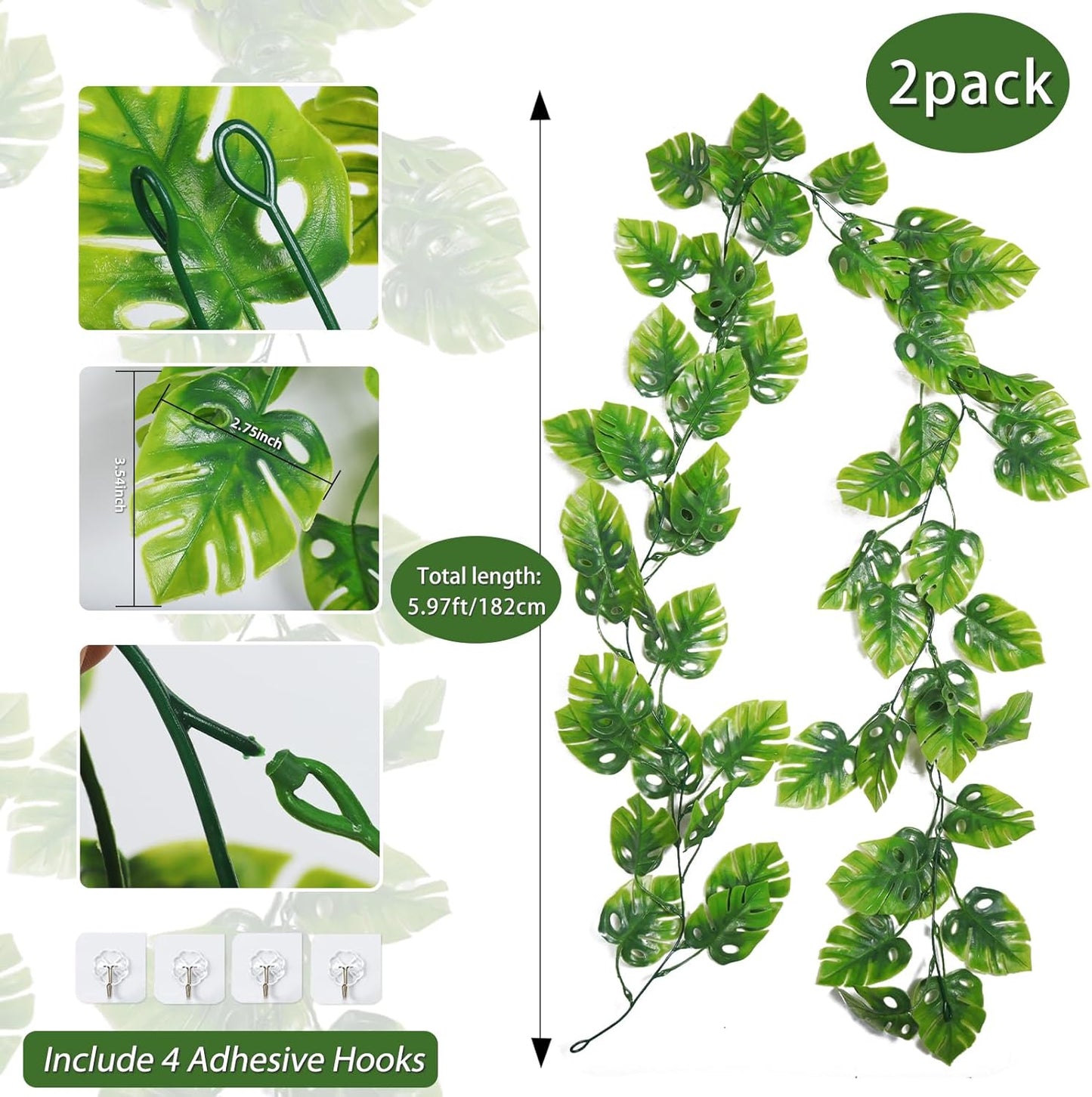 RECUTMS Artificial Monstera Leaves Vines 2Pcs 5.9Ft Fake Tropical Large Palm Leaf Greenery Garland UV Resistant Faux Ivy Rattan for Indoor Outdoor Home Garden Hawaiian Jungle Luau Party Spring Décor-VerdiqueGarden