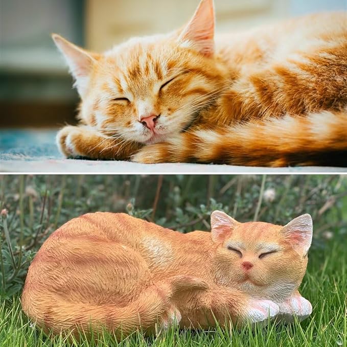 Garden Decor Cat Statue Outdoor Statue, Cat Figurines Garden Statues & Sculpture Decoration, Sleeping Cat Statue Decor for Patio, Porch and Lawn, Cat Gifts for Cat Lover and Women, Cat Memorial Stone-VerdiqueGarden