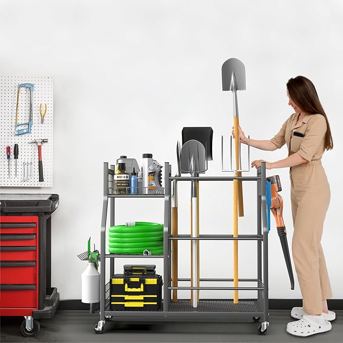 EVERHANGER Garden Tool Organizer Stand, Garage Tool Storage Organization, Yard Tool Racks with lockable wheels, Fit for Long-Handled Tools/Rakes/Brooms-VerdiqueGarden