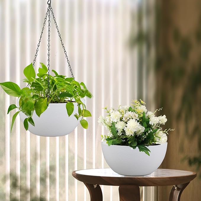 12 inch Large Hanging Planters for Indoor Outdoor Plants, 2 Pack Hanging Flower Pots with Drainage Holes and Chain for Garden Porch, Plastic Hanging Baskets for House Plants, White-VerdiqueGarden