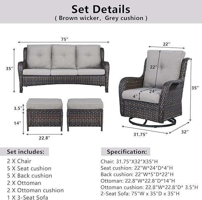 5 Piece Outdoor Patio Furniture Set - Wicker Furniture Patio Conversation Set, Outdoor Swivel Rocker Chairs with 3-Seater Sofa and 2 Ottomans for Small Space, Gray Cushion-VerdiqueGarden