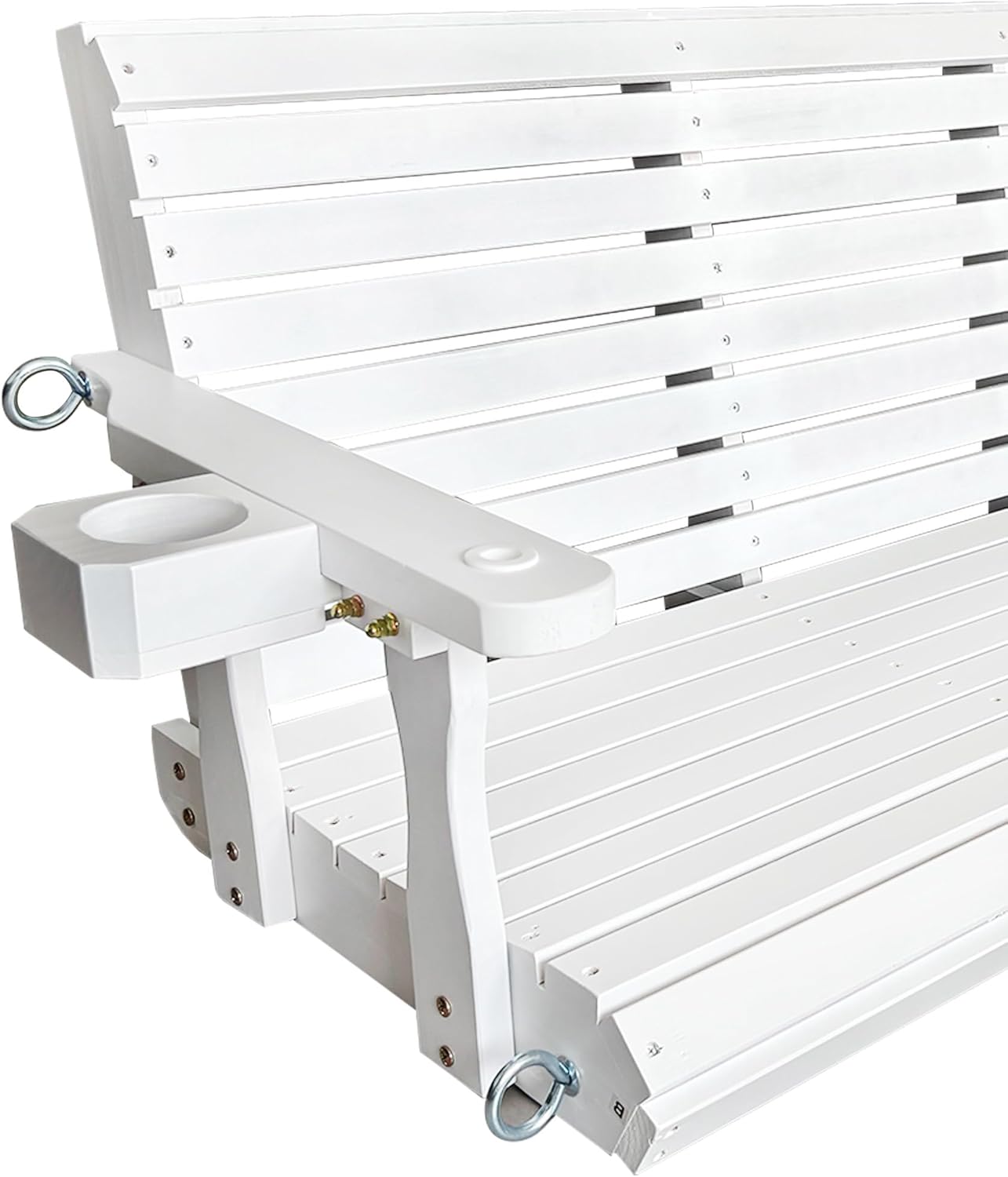 Wooden Porch Swing 3-Seater, High Backrest and Deep Seat, Bench Swing with Cupholders, Hanging Chains and 7mm Springs, Heavy Duty 880 LBS, for Outdoor Patio Garden (Pure White, 5 FT Extra Large)-VerdiqueGarden