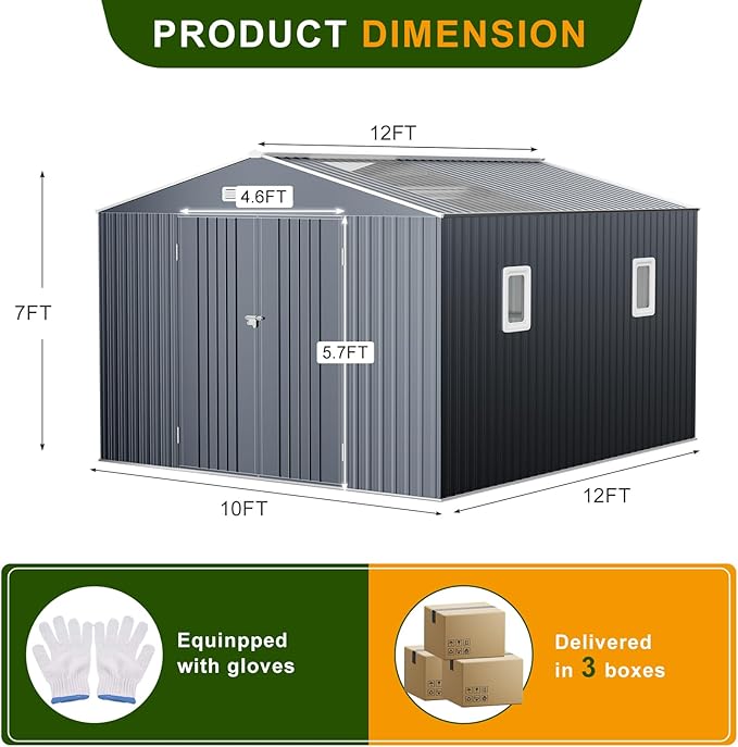 12x10 FT Metal Sheds & Outdoor Storage: Heavy Duty Garden Sheds with Dual Transparent Panels, DIY-installable Windows & Lockable Doors, Weatherproof Tool Shed for Backyard, Garden, Patio, Grey-VerdiqueGarden