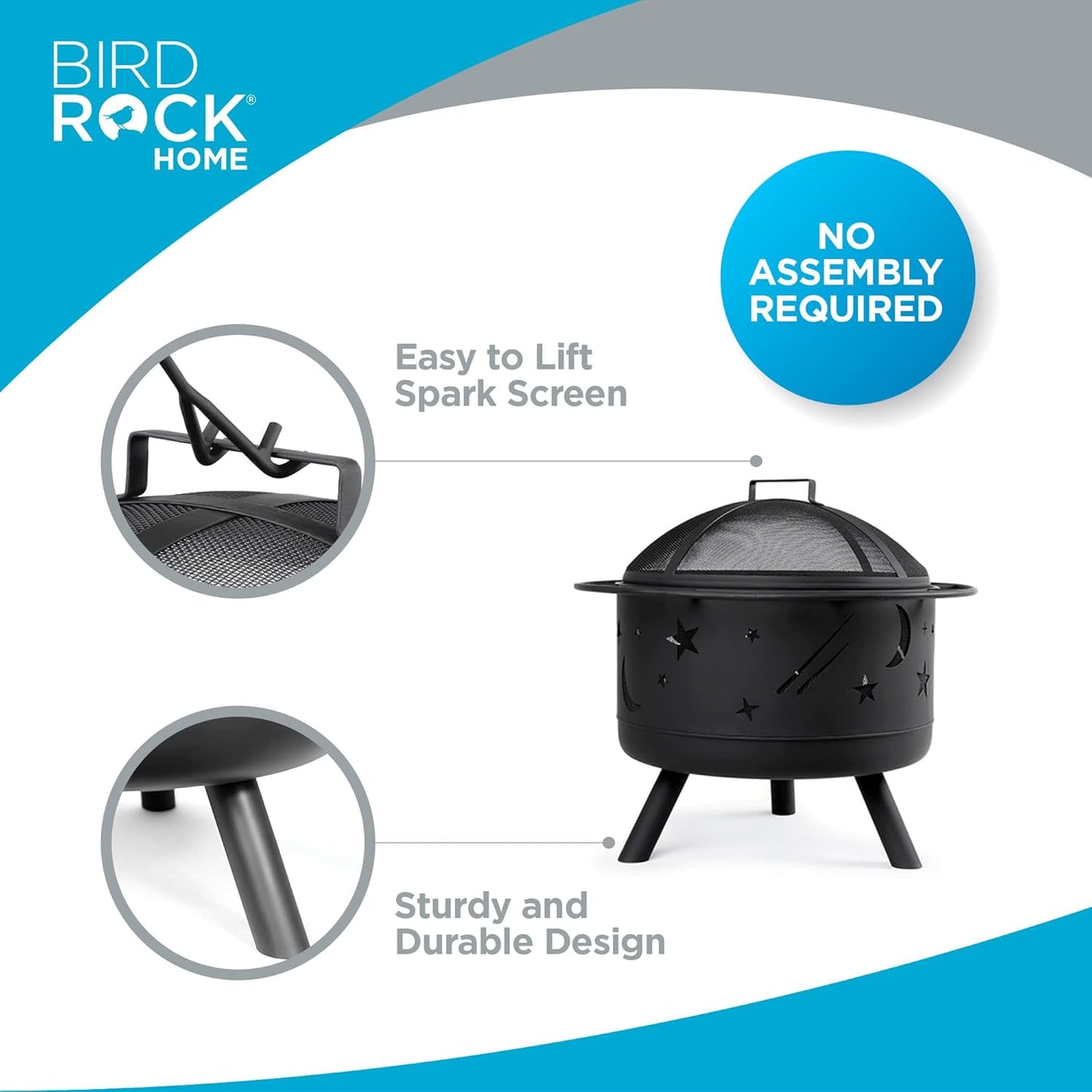 BIRDROCK HOME 30″ Round Wood-Burning Fire Pit – Portable Outdoor Patio & Garden Fire Bowl with Stars & Moon Cut-Outs, Spark Screen, Built-in Grate, 4 Roasting Sticks & Fire Poker - Black-VerdiqueGarden