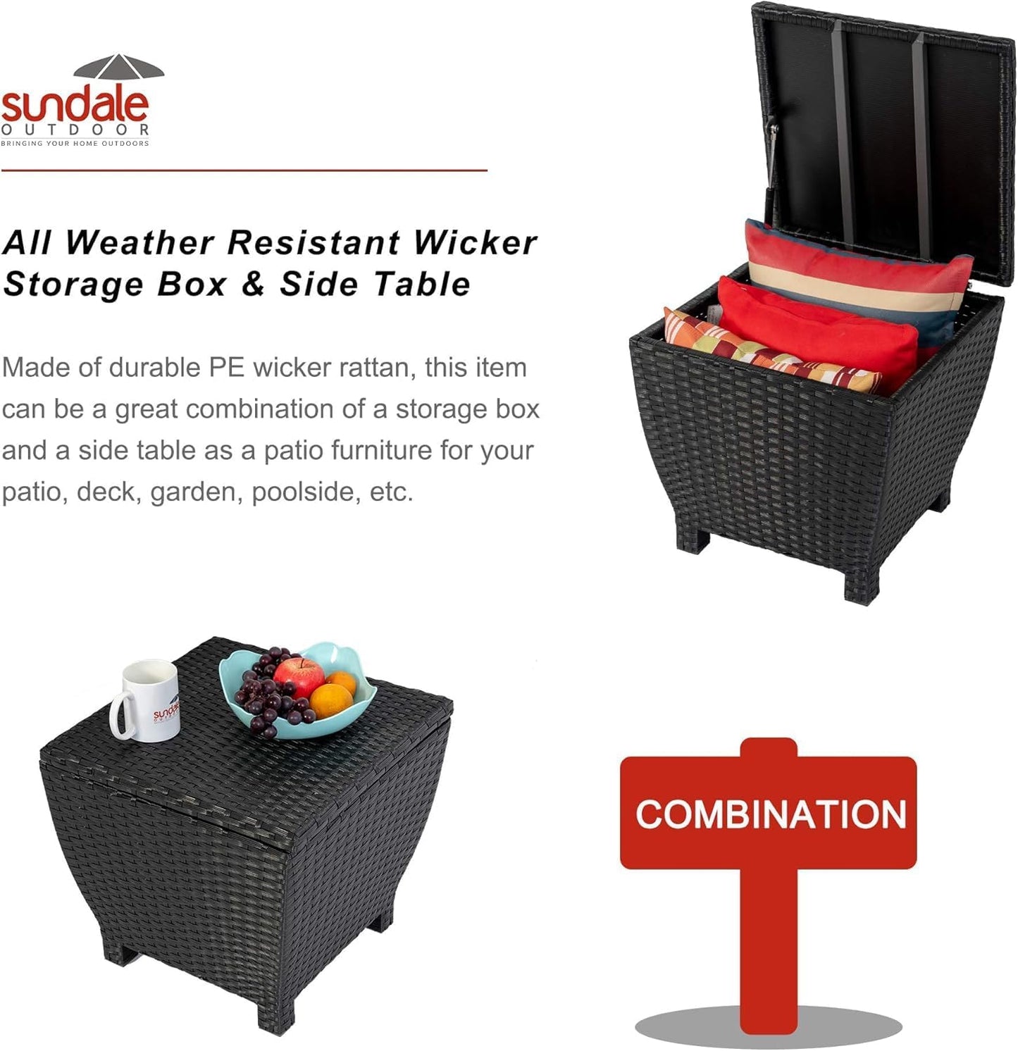 Sundale Outdoor Small Deck Storage Box with Lid, 13 Gallon Small Outdoor Bin Storage Container for Hose Cushions Towels, Patio Black Side Wicker Table with Storage-Steel, Rattan, Square-VerdiqueGarden