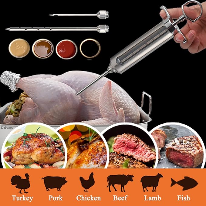 Meat Injector, Stainless Steel Marinade Injector Flavor Syringe Kit with 2-oz Measurement Window for Smoker Food BBQ Grill, Cooking Turkey Chicken Steak Beef Brisket Pork-Chops, 3 Meat Needles-VerdiqueGarden