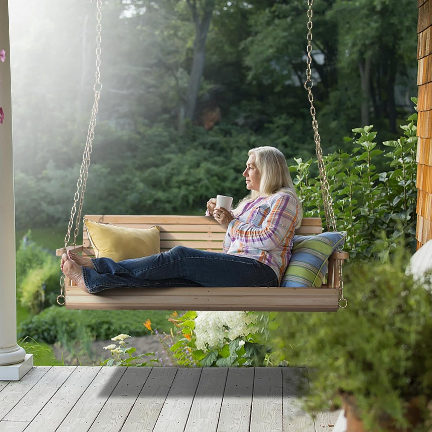 VINGLI Upgraded Patio Wooden Porch Swing for Courtyard & Garden, Heavy Duty 880 LBS Swing Chair Bench with Hanging Chains for Outdoors (Natural, 4 FT)-VerdiqueGarden