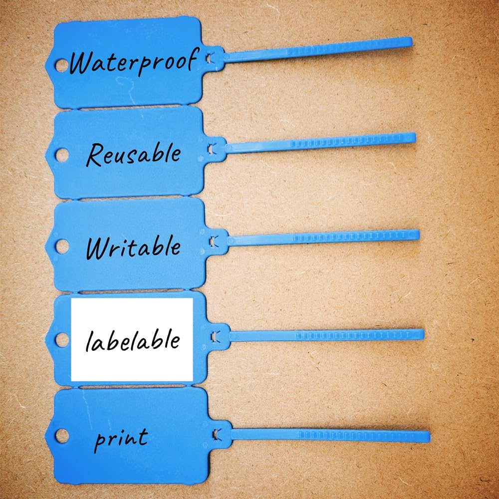 100pcs Reusable Blank Plastic Tags Ties Key Tags 1.45"*2.48" Serrated Tension Sealing Strap with Large Label Plastic Tie Mark Label Waterproof Hang Sign Write on Tag (Blue, 100pcs)-VerdiqueGarden