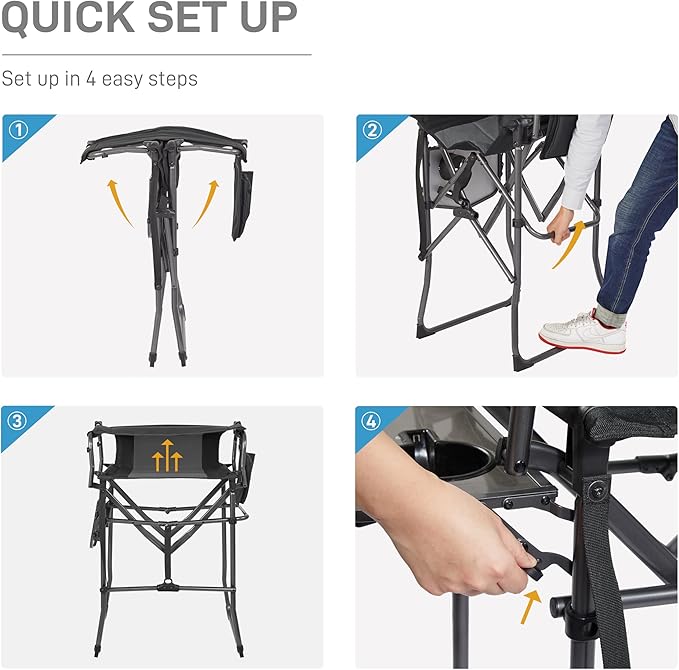 EVER ADVANCED Portable 30.7" Seat Height Tall Folding Camping Chair Directors Chair High Foldable Bar Stool with Side Table for Makeup Artist, Sports Event, Craft Show, Supports 350LBS Black Grey-VerdiqueGarden