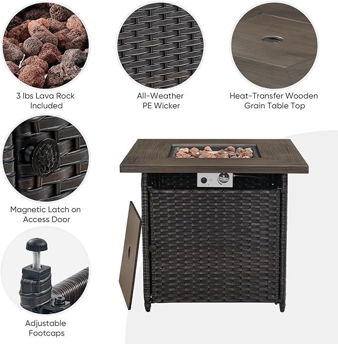 Outdoor Patio Furniture Set with 50000BTU Propane Fire Pit Table, 4 Pieces Wicker Patio Conversation Set with 2 Swivel Rocker Glider Chairs Rattan Sofa Grey Cushion Perfect for Gathering-VerdiqueGarden